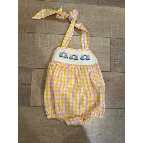 Smocked Or Not Baby Romper 12M Pink & Yellow Gingham With Rainbow Clouds Embroid - Picture 1 of 6
